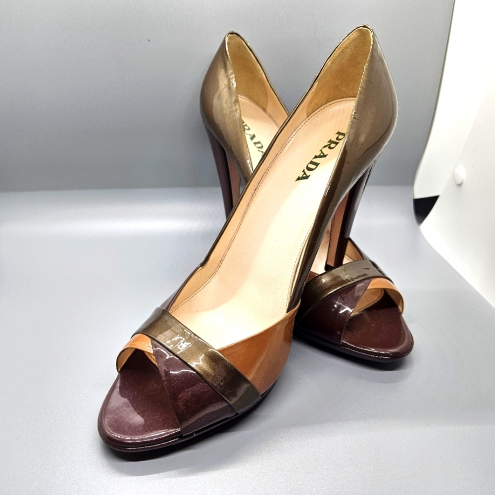 Prada bronze multi metallic patent leather open toe pumps